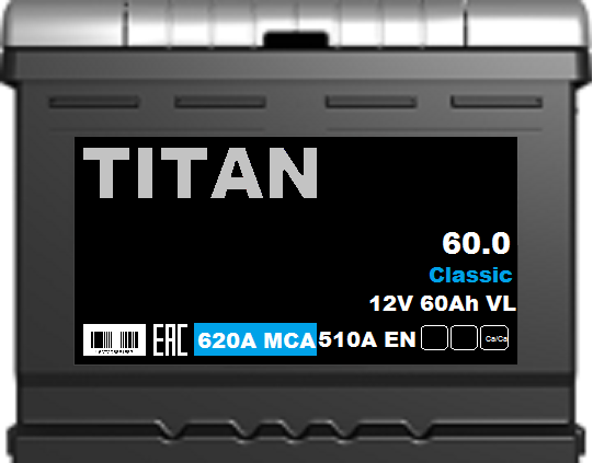 Аккумулятор 60Ah TITAN CLASSIC 60.0 VL R обратный 510A 242x175x190 L2