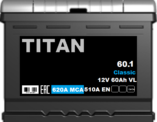 Аккумулятор 60Ah TITAN CLASSIC 60.1 VL R прямой 510A 242x175x190 L2